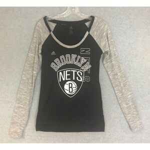 Adidas Brooklyn Nets NBA Shirt Womens Small Long Sleeve Black Gray Spellout Logo
